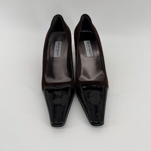 Bruno Magli Brown Suede Patent Leather Bow Square Toe Kitten Heel Pumps 6B Italy